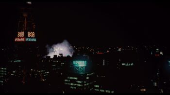 animated animated_gif armor body_armor building city city_lights cityscape claws daiei_film destruction flippers gamera gamera_(series) gamera_2:_attack_of_legion highres japanese_text kaiju landing neon_lights night real_world_location roaring sapporo_(city) sapporo_tv_tower shell smoke steam transformation transforming_limb turtle turtle_shell tusks winter