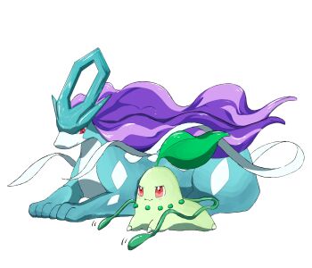 Rule 34 | absurdres, blue fur, cat, chikorita, closed mouth, colored skin, gen 2 pokemon, green skin, highres, horns, leaf, legendary pokemon, mane, nintendo, no humans, plant, pokemon, pokemon (creature), pokemon focus, pokemon gsc, purple hair, red eyes, shiratamint, suicune, vines, white background