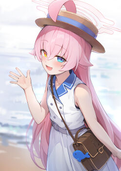 1girl :d ahoge alternate_costume bag beach blue_archive blue_eyes blurry blurry_background blush brown_bag brown_hat charm_(object) commentary dress fang hair_between_eyes halo hat heterochromia highres hoshino_(blue_archive) huge_ahoge long_hair looking_at_viewer mimihachi open_mouth pink_hair pink_halo shoulder_bag sleeveless sleeveless_dress smile solo tongue very_long_hair whale white_dress yellow_eyes