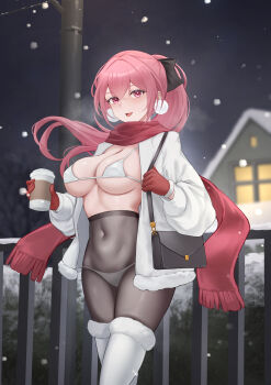 1girl absurdres bag bikini bikini_top_only black_bag black_pantyhose breasts breath cleavage commentary_request covered_navel cup disposable_coffee_cup disposable_cup earrings fur-trimmed_gloves fur-trimmed_thighhighs fur_trim gloves hair_between_eyes hand_up handbag high-waist_pantyhose highres holding holding_cup house jacket jewelry large_breasts long_hair long_sleeves looking_at_viewer night open_clothes open_jacket open_mouth original outdoors panties panties_under_pantyhose pantyhose pink_eyes pink_hair pom_pom_(clothes) pom_pom_earrings red_gloves red_scarf scarf shoulder_bag sideboob sidelocks smile snow snowing solo swimsuit thighhighs thighs underboob underwear utility_pole very_long_hair white_bikini white_jacket white_panties white_thighhighs wo_de_jin_sun