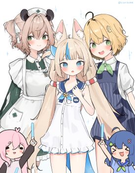 Rule 34 | > <, 5girls, ahoge, animal ears, apron, blonde hair, blue hair, blue overalls, brown hair, cat ears, closed mouth, dooby, dooby (1st costume), dress, fins, fish girl, fish tail, glowstick, green dress, green eyes, highres, holding, holding glowstick, indie virtual youtuber, long hair, looking at viewer, multiple girls, mumble (shachimu), nimi nightmare, nimi nightmare (1st costume), original, overalls, rinrihime, sameko saba, senzawa, shirt, smile, tail, tapir ears, tapir girl, very long hair, virtual youtuber, voice actor connection, white apron, white dress, white shirt