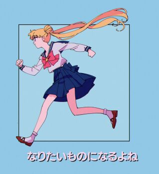 Rule 34 | 1girl, bishoujo senshi sailor moon, blonde hair, blue background, blue sailor collar, blue skirt, bow, bowtie, clenched hands, closed mouth, floating hair, from side, full body, highres, juuban middle school uniform, long hair, long sleeves, pleated skirt, pochi (askas is god), red bow, red bowtie, red shoes, sailor collar, school uniform, serafuku, shirt, shoes, skirt, socks, solo, translation request, tsukino usagi, twintails, very long hair, white shirt, white socks