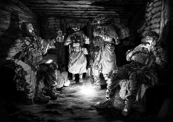 Rule 34 | 4boys, absurdres, backpack, bag, boots, bottle, darius billie (moonkez), explosive, facial hair, flashlight beam, gas mask, gloves, grenade, grenade launcher, greyscale, gun, helmet, highres, looking at phone, magazine (weapon), mask, monochrome, multiple boys, mustache, original, phone, radio, rifle, suppressor, water bottle, weapon