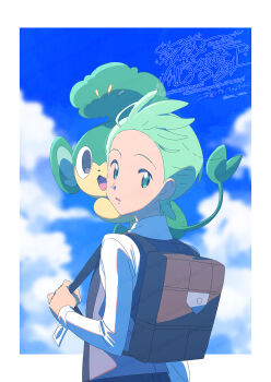 bag black_vest blue_sky bow bowtie cilan_(pokemon) cloud gen_5_pokemon green_bow green_bowtie green_eyes green_hair highres long_sleeves monkey nintendo on_shoulder open_mouth pansage pants parted_lips pokemon pokemon_(anime) pokemon_(creature) pokemon_bw pokemon_bw_(anime) pokemon_on_shoulder serizawa_serizane shirt sky traditional_bowtie upper_body vest white_shirt