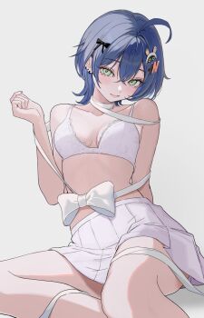 10_plus 1girl ahoge alternate_costume belle_(zenless_zone_zero) blue_hair bra breasts closed_mouth commentary crossed_bangs ear_piercing green_eyes hair_between_eyes hair_ornament highres letter_hair_ornament lips looking_at_viewer medium_breasts piercing pleated_skirt revision ribbon short_hair sitting skirt solo stomach symbol-only_commentary underwear white_background white_bra white_skirt yokozuwari zenless_zone_zero