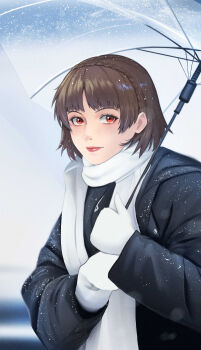 1girl absurdres blue_coat blurry blurry_background blush braid brown_hair closed_mouth coat commentary crown_braid english_commentary gloves highres holding holding_umbrella ikhwan_maulana lips long_sleeves looking_at_viewer niijima_makoto persona persona_5 pink_lips red_eyes scarf short_hair snow solo umbrella upper_body white_gloves white_scarf winter_clothes