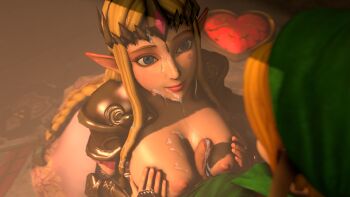 1boy 1girl 3d ambrosine92 blonde_hair blue_eyes breasts bukkake cum cum_on_body cum_on_breasts cum_on_upper_body ejaculation erection hetero highres hyrule_warriors large_breasts link nintendo nipples paizuri penis princess_zelda shota smile the_legend_of_zelda uncensored young_link