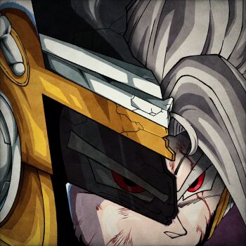 1boy battle_damage blood blood_on_face broken_helmet close-up dragon_ball dragon_ball_super dragon_ball_super_super_hero dragonball_z gohan_beast great_saiyaman grey_hair helmet highres long_hair male_focus orange_helmet red_eyes solo son_gohan studio_kaede