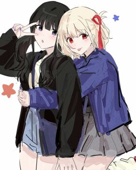 2girls black_cardigan black_hair blonde_hair blue_shorts cardigan commentary grey_skirt hair_ribbon hashtag-only_commentary highres hug hug_from_behind inoue_takina jacket kumtlekumtle long_hair looking_at_viewer lycoris_recoil multiple_girls nishikigi_chisato purple_eyes purple_jacket red_eyes red_ribbon ribbon shirt short_hair shorts simple_background skirt star_(symbol) tongue tongue_out twintails white_background yellow_shirt