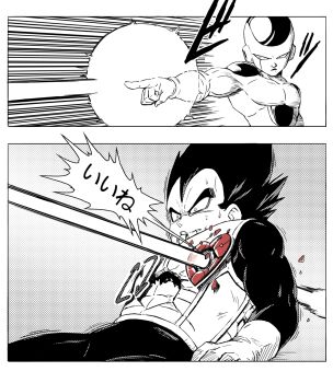2boys armor blood blood_from_mouth broken_armor commentary_request dragon_ball dragonball_z energy_beam frieza frown gloves greyscale highres like_and_retweet male_focus monochrome multiple_boys muscular muscular_male sakkan spot_color translation_request vegeta
