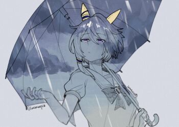 Rule 34 | 1girl, animal ears, blue eyes, breasts, commentary request, ear covers, hair between eyes, highres, holding, holding umbrella, horse ears, horse girl, k.s.miracle (umamusume), limited palette, looking up, puffy short sleeves, puffy sleeves, rain, sailor collar, sailor shirt, saramiao-chan, school uniform, shirt, short hair, short sleeves, solo, tracen school uniform, umamusume, umbrella