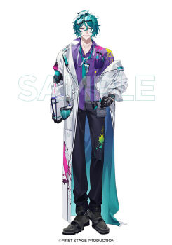 Rule 34 | 1boy, ahoge, ankle boots, aqua coat, aqua necktie, arm at side, belt, belt pouch, binder, black boots, black gloves, black pants, blue-tinted eyewear, blue coat, boots, breast pocket, closed mouth, coat, collarbone, copyright notice, elias delborne, eyewear on head, first stage production, fold-over boots, full body, gloves, goggles, goggles on head, gradient clothes, gradient coat, green hair, grey belt, hair between eyes, hair intakes, hand on own hip, holding binder, id card, lab coat, lanyard, long coat, long sleeves, looking at viewer, loose necktie, male focus, manomenou, mask, messy hair, necktie, official art, open clothes, open coat, open collar, paint on clothes, paint splatter, pants, pinstripe pattern, pinstripe shirt, pocket, pouch, purple eyes, purple shirt, respirator, sample watermark, scientist, shirt, shirt partially tucked in, short hair, simple background, single off shoulder, solo, standing, straight-on, tachi-e, test tube, tinted eyewear, two-sided coat, two-sided fabric, unworn mask, virtual youtuber, watch, watermark, white background, white coat, wing collar, wristwatch