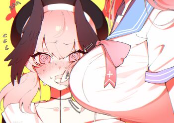 2girls @_@ absurdres black_hat blue_archive blue_sailor_collar blush bow bowtie breast_press breasts commentary english_commentary halo hanako_(blue_archive) hat head_wings highres koharu_(blue_archive) large_breasts mintshiiii multiple_girls pink_bow pink_bowtie pink_eyes pink_hair red_halo ribbon sailor_collar wings