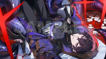 1boy ambiguous_red_liquid black_gloves black_hair black_pants brooch cloak clothing_cutout commentary crossed_bangs dress_shirt earrings english_commentary feet_out_of_frame finger_to_mouth flower frilled_shirt_collar frills glove_cutout gloves grin hair_between_eyes highres hood hood_up hooded_cloak indie_virtual_youtuber jeokgwang jewelry long_sleeves looking_at_viewer lying male_focus mixed-language_commentary official_alternate_costume official_art on_back pants print_shirt puritan_collar purple_cloak purple_eyes ring sample_watermark shirt shirt_tucked_in short_hair shoto_(vtuber) sleeve_garter smile snake_earrings solo tentacles upside-down virtual_youtuber watermark white_flower