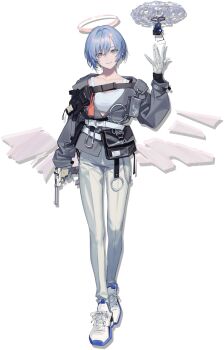 1girl arknights artist_request blue_hair bound bound_toes breasts detached_wings energy_wings gloves grey_eyes gun halo highres holding jacket long_sleeves looking_at_viewer official_art pants pink_wings short_hair smile solo source_request sports_bra spuria_(arknights) tank_top weapon white_gloves white_pants white_sports_bra white_tank_top wings