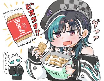 1girl aqua_hair beret biscuit_(bread) black_choker black_dress black_hair black_hat choker dress earrings fang food hat highres holding holding_food hololive hololive_dev_is jewelry kono_(konomi9a) looking_at_viewer medium_hair mole mole_on_neck red_eyes rindo_chihaya rindo_chihaya_(1st_costume) skin_fang solo virtual_youtuber white_streaks yogurt