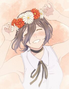 1girl armpits bare_shoulders black_choker black_hair blush breasts chainsaw_man choker clenched_teeth closed_eyes collared_shirt commentary hair_between_eyes head_wreath highres min_daifuku reze_(chainsaw_man) shirt sleeveless sleeveless_shirt small_breasts smile solo symbol-only_commentary teeth twitter_username upper_body white_shirt