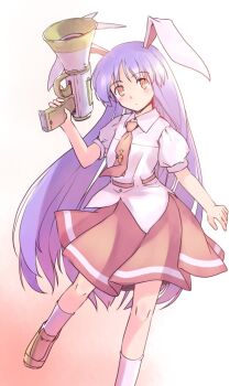 1girl animal_ears belt carrot_pin collared_shirt commentary_request foot_out_of_frame gun hand_up holding holding_gun holding_weapon knees long_hair looking_up lunatic_gun necktie one-hour_drawing_challenge orange_background orange_eyes puffy_short_sleeves puffy_sleeves purple_hair rabbit_ears rabbit_girl rangycrow red_belt red_necktie red_shoes red_skirt reisen_udongein_inaba shirt shoes short_sleeves skirt socks solo touhou very_long_hair weapon white_shirt white_socks