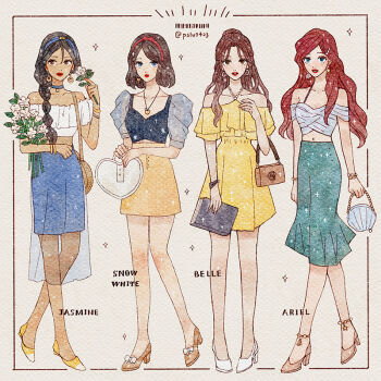 4girls aladdin_(movie) alternate_costume animification ariel_(disney) beauty_and_the_beast_(disney) belle_(disney) bow choker contemporary disney disney_princess hair_bow jasmine_(disney) multiple_girls peilu_(pslu0423) skirt snow_white_(disney) snow_white_and_the_seven_dwarfs_(disney) the_little_mermaid_(disney)