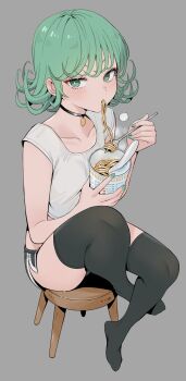 1girl black_choker black_shorts black_thighhighs breasts bygin chair choker collarbone commentary cup curly_hair eating english_commentary fingernails food fork green_eyes green_hair green_nails grey_background highres holding holding_cup holding_fork instant_noodles knee_up looking_at_viewer on_chair one-punch_man short_hair short_shorts shorts sitting small_breasts solo tank_top tatsumaki thighhighs thighs white_tank_top
