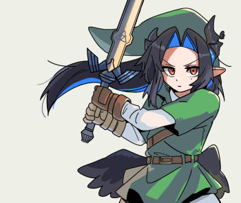 1girl asymmetrical_horns belt black_hair black_horns blue_hair colored_inner_hair commentary cosplay demon_horns fongban_illust gloves green_tunic hat holding holding_sword holding_weapon hololive hololive_english horns link link_(cosplay) long_hair looking_at_viewer master_sword mole mole_under_eye multicolored_hair nerissa_ravencroft nintendo pointy_ears red_eyes sword symbol-only_commentary the_legend_of_zelda tunic two-tone_hair uneven_horns virtual_youtuber weapon