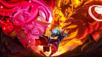 2boys 2kartz absurdres animal_ears animal_nose antennae bald chest_fur cloud_clothes colored_skin dougi dragon_ball dragon_ball_super dragon_ball_super_super_hero furry furry_male gloves highres jumpsuit knuckles_the_echidna multiple_boys muscular muscular_male namekian no_eyebrows orange_piccolo orange_skin pants pectorals piccolo pink_fur pointy_ears purple_eyes purple_jumpsuit purple_pants red_eyes red_shoes sash shoes short_tail soap_shoes sonic_(series) sonic_the_hedgehog_(classic) spiked_gloves super_knuckles tail teeth white_gloves