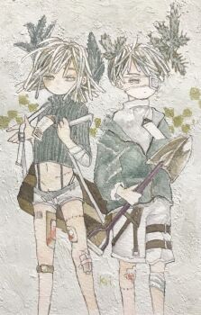 Rule 34 | 1boy, absurdres, acrylic paint (medium), bandages, bare arms, bare legs, belt, blunt bangs, cactus, closed mouth, commentary request, expressionless, eyepatch, from side, full body, green eyes, grey hair, highres, holding, holding shovel, karintoun, long sleeves, looking at viewer, medium hair, messy hair, original, painting (medium), portrait, short hair, shorts, shovel, signature, simple background, standing, straight hair, traditional media, watercolor (medium), white background, white hair