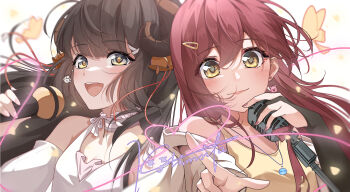 Rule 34 | 2girls, blunt bangs, blush, brown hair, choker, closed mouth, commentary request, double-parted bangs, dress, earrings, frilled choker, frills, grey choker, hair between eyes, hair ornament, hairclip, highres, holding, holding microphone, horns, jewelry, kolimiya, long hair, looking at viewer, microphone, multiple girls, music, necklace, open mouth, original, pointing, pointing at viewer, red hair, shirt, signature, singing, smile, upper body, white dress, yellow eyes, yellow shirt