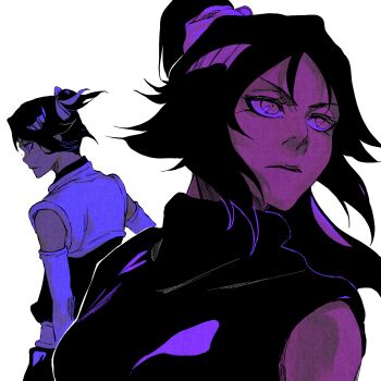 1boy 1girl androgynous bleach breasts chinese_commentary commentary_request dark-skinned_female dark-skinned_male dark_skin detached_sleeves expressionless high_ponytail highres light_frown long_hair medium_breasts ponytail serious shihouin_yoruichi shihouin_yuushirou sleeveless sleeveless_turtleneck turtleneck v-shaped_eyebrows xia_chuan_jian