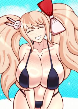 1girl absurdres bare_shoulders bikini blonde_hair breasts cleavage closed_eyes danganronpa:_trigger_happy_havoc danganronpa_(series) enoshima_junko enoshima_junko_(cosplay) female_focus freckles gluteal_fold highres huge_breasts ikusaba_mukuro karfound long_hair navel solo swimsuit twintails