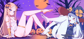 2girls abigail_williams_(fate) absurdres anklet armlet barefoot blonde_hair blue_eyes blush colored_skin fate/grand_order fate_(series) feet grey_skin halloween highres jack-o'-lantern jewelry large_hat long_hair looking_at_viewer multiple_girls pale_skin panties pantyshot parted_lips red_eyes soles suzhitu toes underwear white_hair