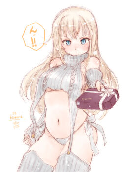1girl bismarck_(kancolle) blonde_hair blue_eyes cable_knit cropped_sweater detached_sleeves garter_straps gift grey_sweater kantai_collection koshigaya_tatsumi long_hair navel panties ribbed_sleeves ribbed_sweater ribbed_thighhighs side-tie_panties simple_background sleeveless sleeveless_sweater sleeveless_turtleneck solo sweater thighhighs turtleneck turtleneck_sweater underwear virgin_destroyer_sweater white_background white_panties white_sweater