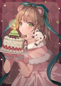 1girl animal_ears argyle_background bear_ears bear_girl blowing brown_hair cake candle christmas commentary commentary_request cowboy_shot dress english_commentary food green_eyes green_ribbon hair_ribbon highres holding holding_plate long_hair mixed-language_commentary moeko_(moeko0903) original parted_lips pink_dress plate ribbon short_sleeves solo