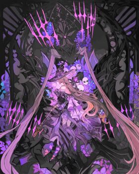 1girl bare_shoulders black_dress black_hat brown_hair detached_sleeves dress flower hat hat_flower herta_(honkai:_star_rail) highres honkai:_star_rail honkai_(series) ichigoh jewelry long_hair necklace purple_flower solo the_herta_(honkai:_star_rail) very_long_hair witch_hat