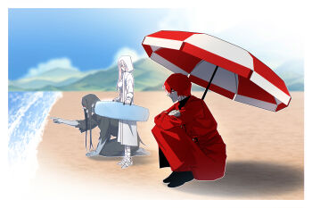Rule 34 | 1girl, 2boys, adashino adami, bbabbamis2, beach, beach umbrella, black hair, black kimono, coat, commentary request, crossed arms, highres, homicipher, japanese clothes, kimono, knees up, korean commentary, long hair, looking to the side, mountainous horizon, mr. crawling, mr. scarletella, multiple boys, outdoors, pink hair, pointing, raincoat, red coat, red hair, shore, short hair, sitting, umbrella, very long hair, water, white raincoat