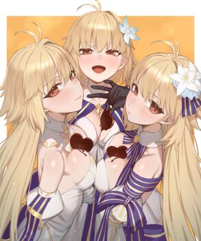 3girls archetype_earth archetype_earth_(third_ascension) arcueid_brunestud arcueid_brunestud_(mooncancer) bare_shoulders black_gloves blonde_hair blue_gloves blue_skirt blush breasts brown_pantyhose candy chocolate chocolate_heart chorogon cleavage commission detached_collar detached_sleeves dress fate/grand_order fate_(series) flower food gloves hair_flower hair_ornament heart heart-shaped_food highres large_breasts layered_skirt long_hair long_skirt looking_at_viewer multicolored_skirt multiple_girls multiple_persona open_mouth pantyhose pixiv_commission red_eyes short_hair skirt smile tsukihime very_long_hair white_dress white_gloves white_skirt