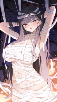 1girl armpits arms_up bandaged_arm bandaged_head bandaged_leg bandages black_hair blue_archive blush breasts bright_pupils chest_sarashi halloween_costume highres huge_breasts long_hair looking_at_viewer mummy_costume naked_bandage navel nenight night open_mouth red_eyes ringed_eyes rio_(blue_archive) sarashi solo white_pupils
