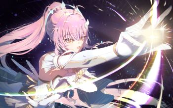 1girl aemeath_(wuthering_waves) bare_shoulders breasts commentary hair_ornament hashtag-only_commentary highres holding holding_microphone long_hair medium_breasts microphone nininininil open_mouth outstretched_arm pink_hair ponytail sky solo space star-shaped_pupils star_(sky) star_(symbol) starry_sky symbol-shaped_pupils upper_body wuthering_waves