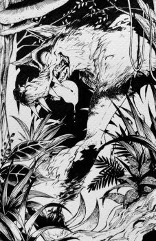 Rule 34 | 1other, drooling, evil grin, evil smile, fangs, forest, grass, greyscale, grin, kandori makoto, leaf, looking at viewer, monochrome, nature, nintendo, no humans, saliva, smile, the legend of zelda, the legend of zelda: ocarina of time, tongue, tongue out, traditional media, tree, wolfos