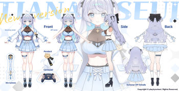 1girl absurdres apple_caramel black_boots blue_bow blue_skirt boots bow breasts cleavage commentary_request controller copyright_request frilled_skirt frills game_controller grey_hair high_heel_boots high_heels highres jacket large_breasts long_hair long_sleeves microphone multiple_views off_shoulder open_clothes open_jacket pleated_skirt puffy_long_sleeves puffy_sleeves reference_sheet see-through_cleavage see-through_clothes simple_background skirt sleeves_past_wrists socks very_long_hair virtual_youtuber white_background white_jacket white_socks x-ray