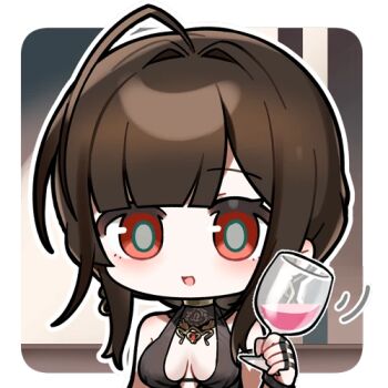 Rule 34 | +++, 1girl, artist request, brown hair, chibi, chibi only, cup, dress, drinking glass, dsr-50 (girls' frontline), evening gown, girls' frontline, girls' frontline 2: exilium, hair intakes, holding, holding cup, loreley (girls' frontline 2), lowres, official art, parted lips, red eyes, second-party source, solo, wine glass