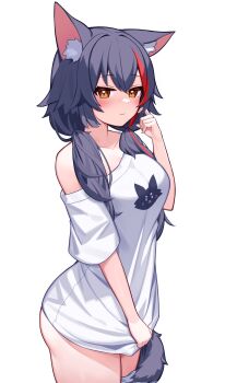 1girl absurdres animal_ear_fluff animal_ears black_hair breasts deaver highres hololive large_breasts long_hair looking_at_viewer low_twintails medium_breasts multicolored_hair naked_shirt no_pants off_shoulder ookami_mio orange_eyes red_hair shirt short_hair simple_background streaked_hair tail twintails virtual_youtuber white_background white_shirt wolf_ears wolf_girl wolf_tail
