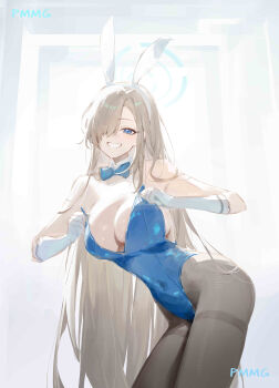 1girl absurdres animal_ears artist_name asuna_(blue_archive) asuna_(bunny)_(blue_archive) bare_shoulders black_pantyhose blonde_hair blue_archive blue_bow blue_bowtie blue_eyes blue_halo blue_leotard bow bowtie breasts commentary_request elbow_gloves fake_animal_ears gloves hair_over_one_eye halo highres large_breasts leotard long_hair looking_at_viewer pantyhose playboy_bunny pmmg rabbit_ears smile solo very_long_hair white_gloves