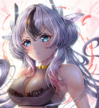 >:( 1girl absurdres alternate_breast_size azur_lane black_hair blue_eyes breasts cleavage closed_mouth commander_kei gradient_hair grey_hair headgear highres l'indomptable_(azur_lane) long_hair looking_at_viewer medium_breasts multicolored_hair red_hair simple_background sleeveless solo streaked_hair two-tone_hair upper_body v-shaped_eyebrows very_long_hair