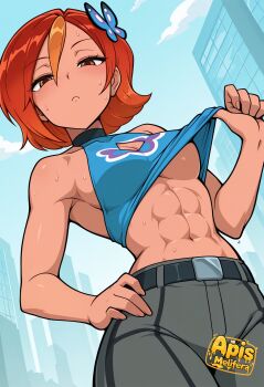 1girl abs absurdres apis_mellifera artist_name bare_shoulders breasts brown_eyes butterfly_(planetronika) butterfly_hair_ornament cleavage cleavage_cutout closed_mouth clothes_lift clothing_cutout hair_between_eyes hair_ornament hand_on_own_hip highres lifting_own_clothes logo looking_at_viewer multicolored_hair navel orange_hair pants planetronika short_hair solo sweat underboob watermark