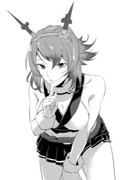 1girl bad_id breasts cleavage commentary_request covered_erect_nipples crop_top finger_to_mouth gloves greyscale hair_between_eyes headgear index_finger_raised kantai_collection large_breasts leaning_forward looking_at_viewer midriff miniskirt monochrome mutsu_(kancolle) navel short_hair simple_background skirt sleeveless smile solo tsuneo_(kaijou_noumu)