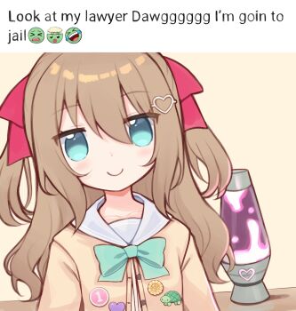 1girl absurdres blue_bow blue_bowtie blue_eyes blue_sailor_collar bow bowtie brown_hair cardigan closed_mouth collarbone commentary dress_shirt emoji english_text exploding_head_emoji hair_between_eyes hair_ornament hair_ribbon heart heart_hair_ornament highres indie_virtual_youtuber jitome lava_lamp long_hair looking_at_viewer melon-fox meme neuro-sama osu! red_ribbon ribbon sailor_collar shirt smile solo star_button symbol-only_commentary turtle_button two_side_up upper_body virtual_youtuber white_shirt yellow_cardigan