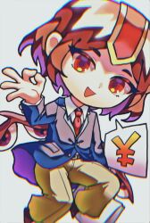 Rule 34 | 1other, androgynous, belt, belt buckle, blue jacket, blue sleeves, briefcase, brown belt, brown footwear, brown hair, buckle, buttons, chibi, collared jacket, collared shirt, commentary request, eye of senri, eyelashes, full body, grey background, hat, headgear, highres, holding, holding briefcase, jacket, kokutenshi hibaru, korean commentary, lapels, layered sleeves, len&#039;en, long sleeves, necktie, notched lapels, ok sign, open mouth, other focus, pants, pocket, red eyes, red hat, red necktie, shirt, shoes, short hair, simple background, smile, solo, spoken dollar sign, waiwa way, white shirt, wings, yellow pants, yen sign