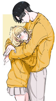 1boy 1girl black-framed_eyewear black_hair blonde_hair blush commentary_request fujita_kotone gakuen_idolmaster glasses grey_pants grey_skirt height_difference hetero highres hood hoodie hug idolmaster kasasagi_(futagodori888) light_smile matching_outfits pants pleated_skirt producer_(idolmaster) shirt skirt sweatdrop yellow_eyes yellow_hoodie yellow_shirt