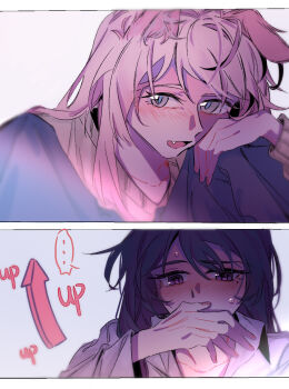 Rule 34 | 2girls, animal ear fluff, animal ears, bang dream!, bang dream! it's mygo!!!!!, black hair, blush, brown sweater, chihaya anon, commentary, dog ears, dog girl, fang, grey eyes, hashtag-only commentary, highres, kemonomimi mode, long hair, long sleeves, mole, mole under eye, multiple girls, pink hair, purple eyes, shiina taki, shirt, sweatdrop, sweater, white shirt, z akane890